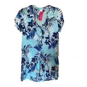 Women’s Blue Tropical Floral Medium Swimsuit coverup button up​​​